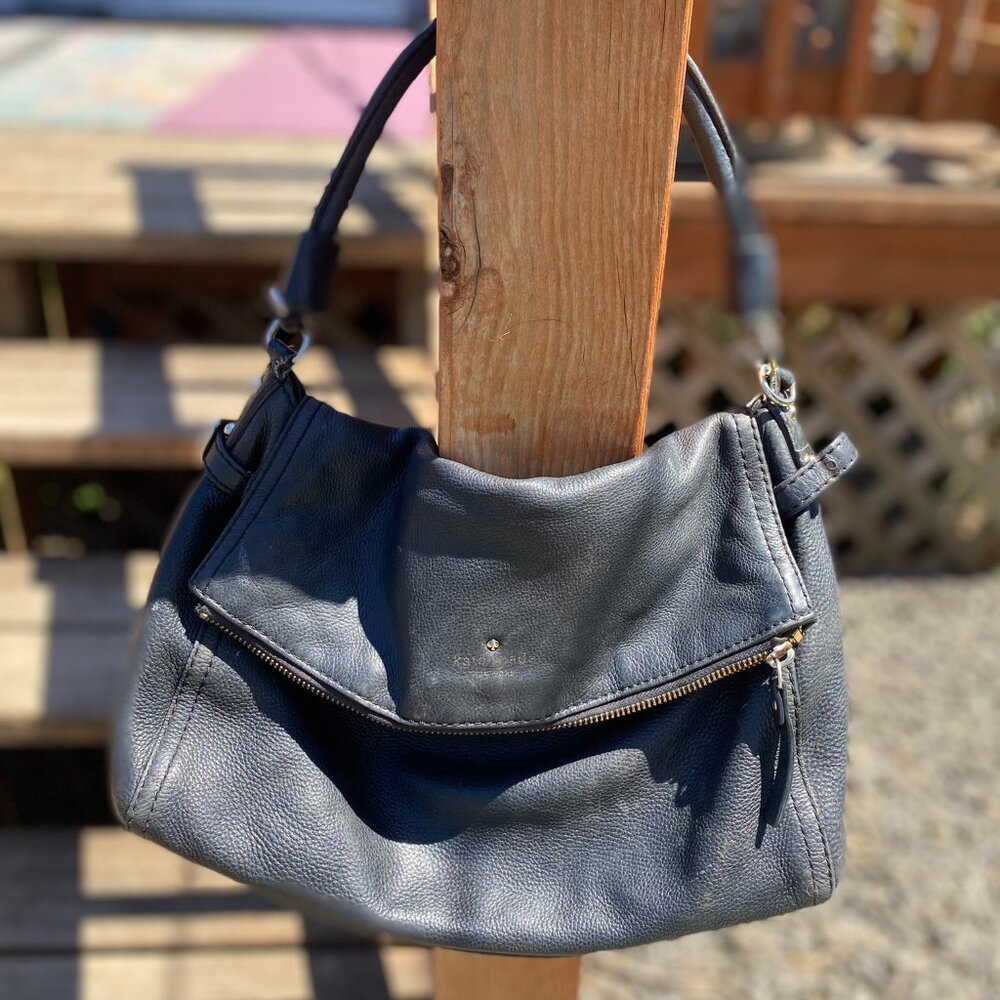 K Spade Shoulder Strap Bag Midnight Blue Leather Hobo Bag with Zip Pocket